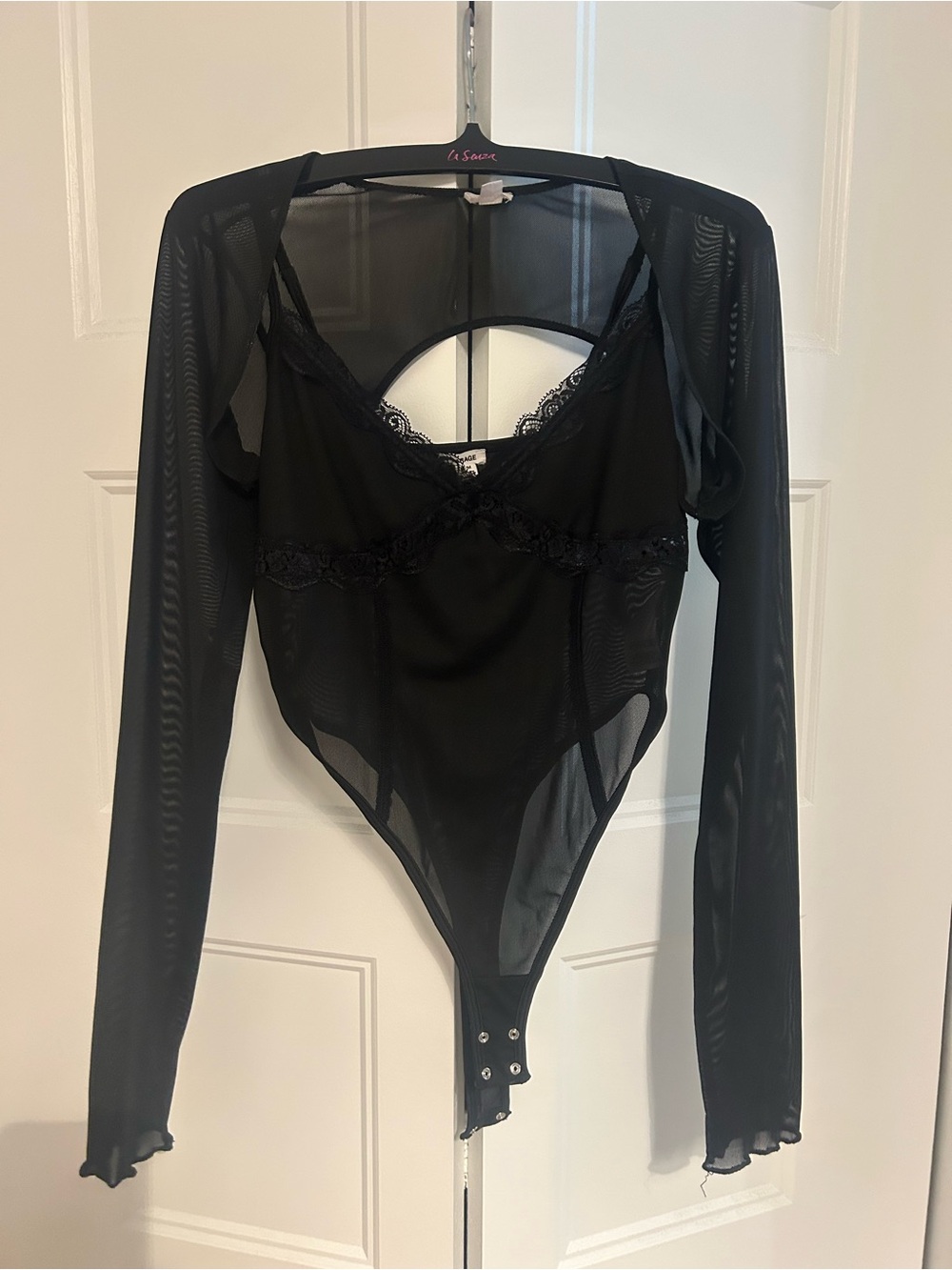 Sheer Lace-Trim Black Bodysuit Top